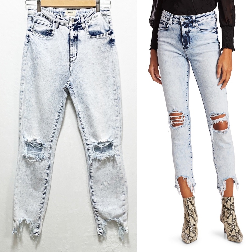 L'AGENCE High Line Skinny Deconstructed Jeans Calypso Acid Wash Sz 28